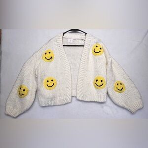 Luna Ivy Puff Smiley Face Open Front Over Sized Cardigan Chunky Wh/YellowSize XS